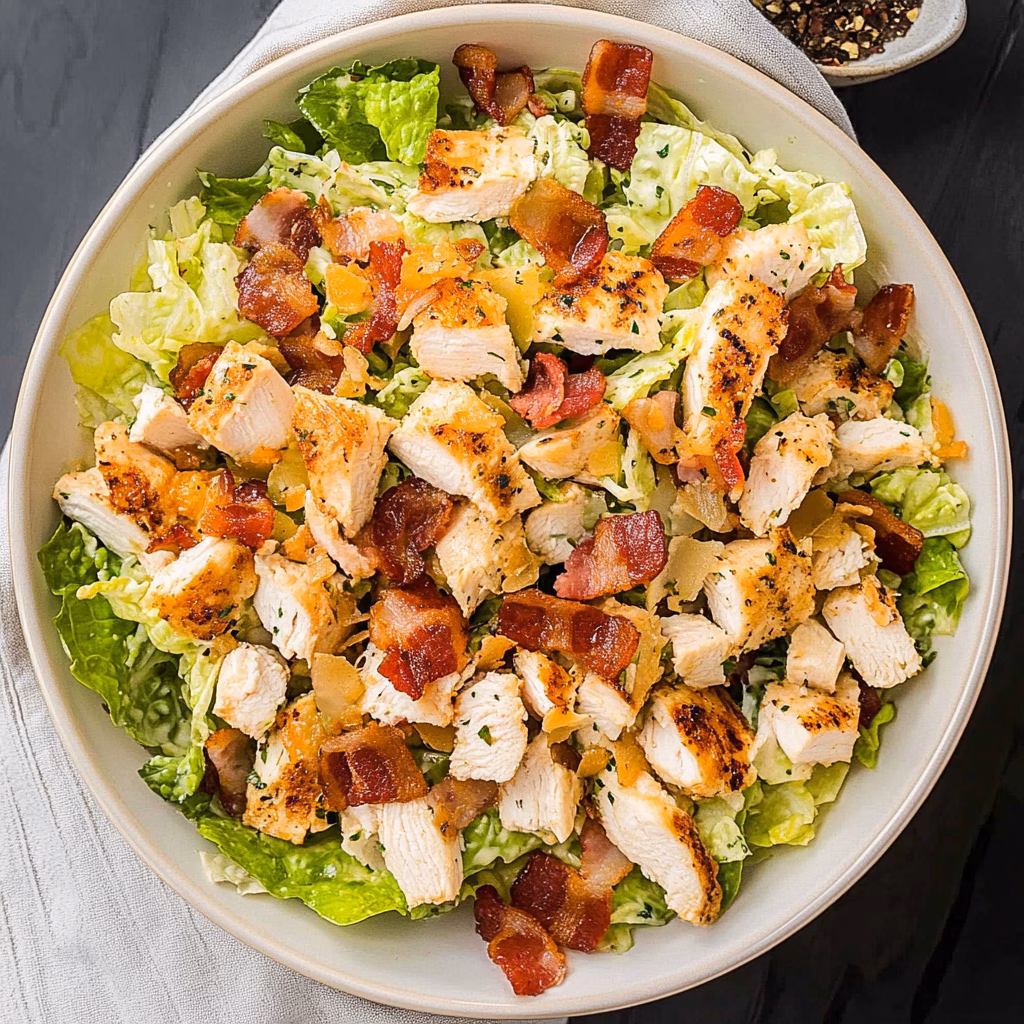 This Caesar Salad with Chicken and Bacon is a fresh twist on a classic! Crunchy romaine, juicy grilled chicken, crispy bacon, and a creamy dressing come together for a perfect meal or side dish. Ideal for lunch, dinner, or a potluck, save this recipe to keep your salad game strong!