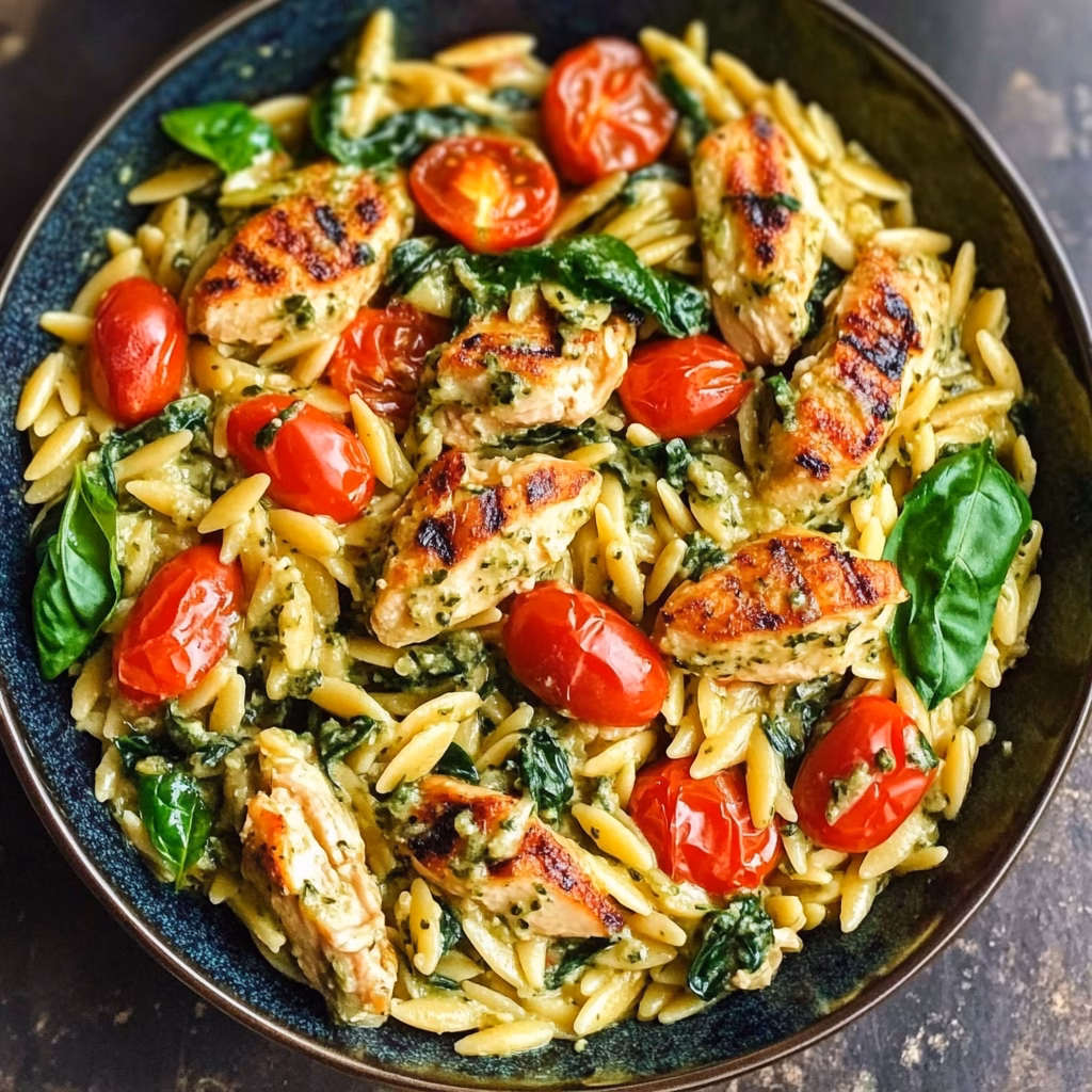 Creamy chicken orzo is the perfect blend of comfort and flavor! This delightful dish features tender orzo pasta mixed with juicy chicken, fresh spinach, and vibrant cherry tomatoes, all brought together with fragrant basil pesto. It's a one-pan meal that’s quick to make and sure to impress. Save this recipe for your next family dinner or cozy night in!