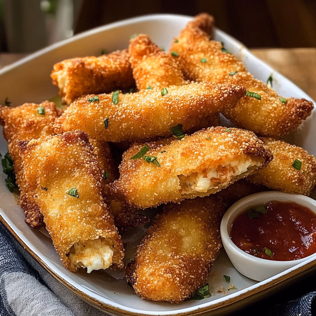 Get ready for a fun twist on classic appetizers! These Crispy Crab Rangoon Mozzarella Sticks combine gooey mozzarella with delicious crab filling, perfectly fried to a golden crisp. Ideal for game day or casual gatherings, they're sure to impress your guests. Save this recipe for your next party and enjoy a unique bite-sized treat!
